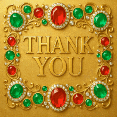 An ornate gold plaque framed with red and green gems reads “THANK YOU.”