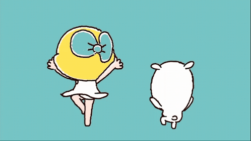 a cartoon of a girl dancing next to a white rabbit on a blue background
