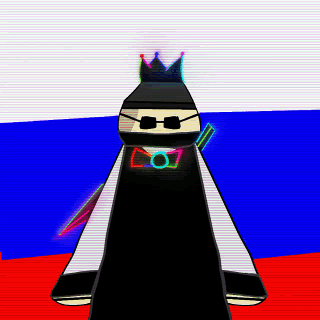 a cartoon character wearing sunglasses and a crown stands in front of a russian flag