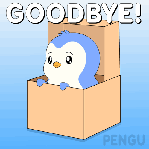A blue penguin emerges from a cardboard box beneath “GOODBYE!”
