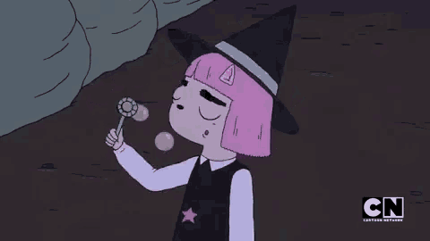 a cartoon of a girl blowing soap bubbles with cn written on the bottom