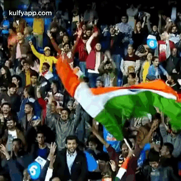 a crowd of people are standing in a stadium holding up a flag .