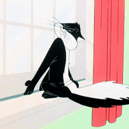 a cartoon cat is sitting on a window sill looking out the window