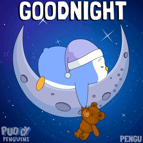 a penguin is sleeping on a crescent moon with a teddy bear
