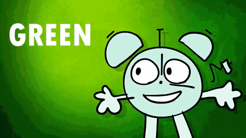 a cartoon character is standing in front of a green background with the word green above it