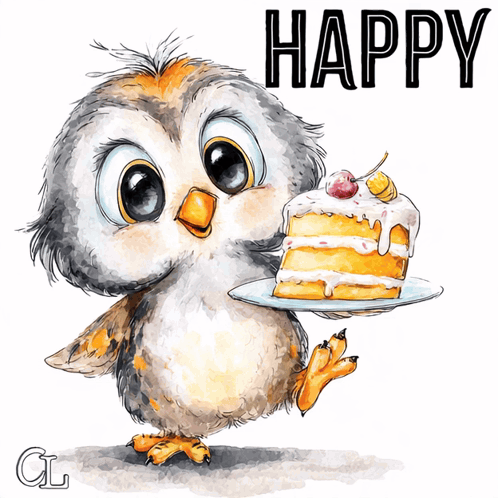 a cartoon owl holding a piece of cake with the words happy written above it