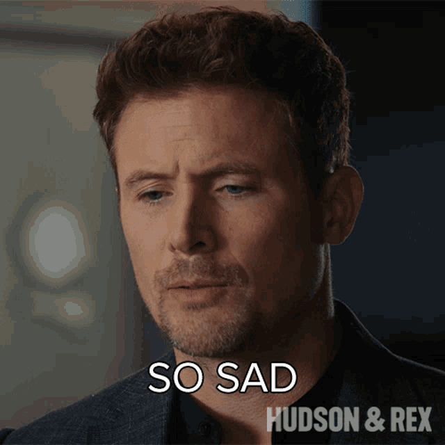 a close up of a man 's face with the words so sad hudson & rex on the bottom