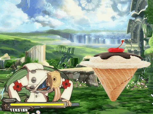 an ice cream cone with a cherry on top is next to a character with a gun and the word tension on the bottom