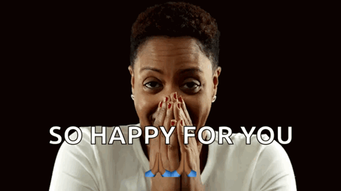 a woman is giving a thumbs up with the words so happy for you behind her