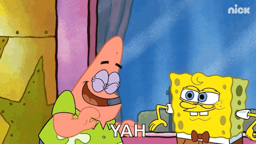 Patrick Star raises his hand beside SpongeBob for a high five.