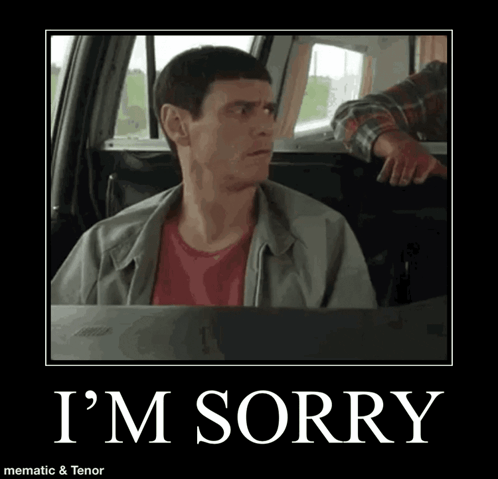 Jim Carrey sits in a car above the caption “I’M SORRY.”