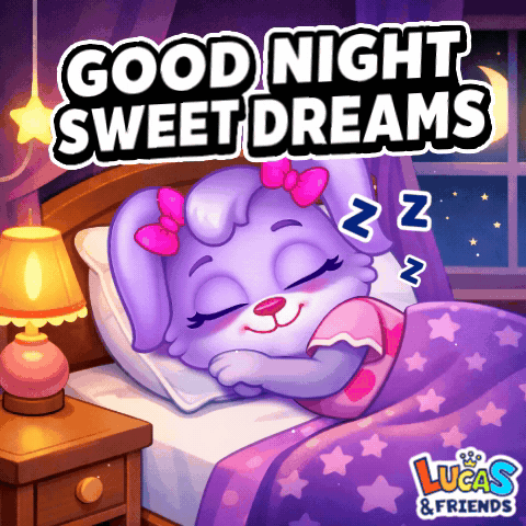 A purple cartoon elephant sleeps in bed under “GOOD NIGHT SWEET DREAMS.”