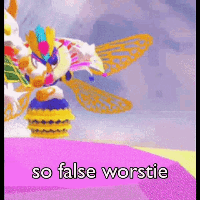 a cartoon character with wings is standing on a pink surface with the words `` so false worstie '' .