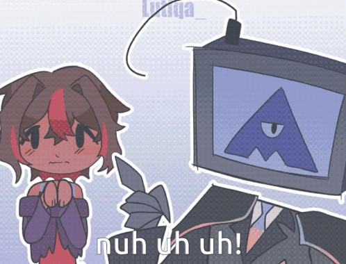 a drawing of a girl and a robot with the words " nuh uh uh " below them