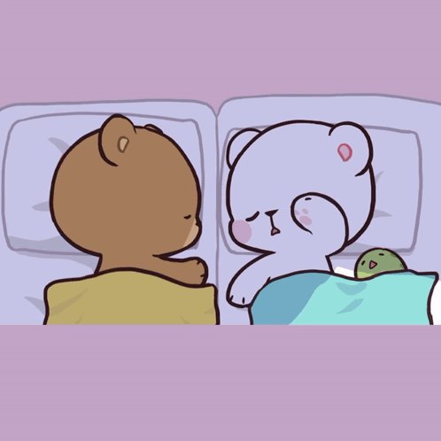 Two cartoon bears lie side-by-side in bed under a blanket.