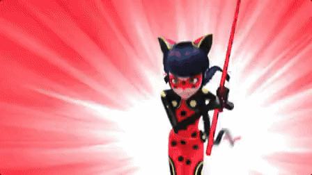 ladybug from miraculous ladybug is holding a red stick in her hands .