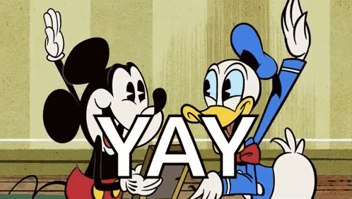 mickey mouse and donald duck are standing next to each other with the word yay written in white