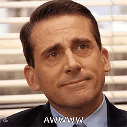 Michael Scott gives a touched, restrained smile with “AWWWW.”