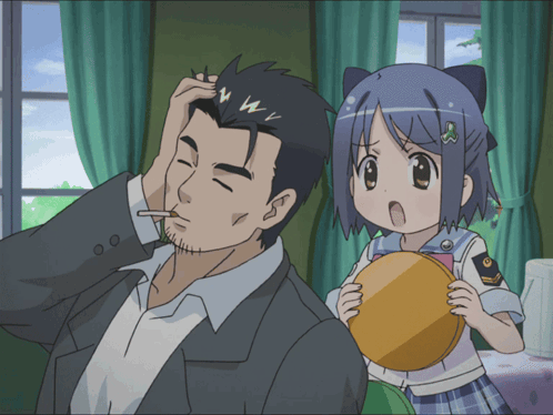 a man is smoking a cigarette while a girl holds a yellow object