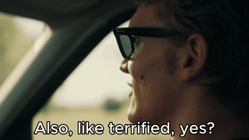 a man wearing ray-ban sunglasses looks out of a car window and says also like terrified yes