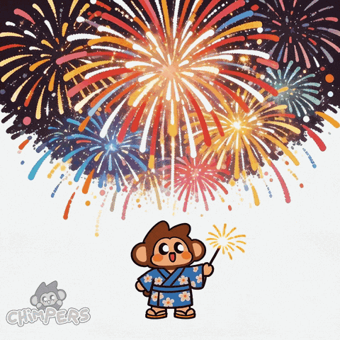 a cartoon of a monkey holding a firework stick in front of fireworks