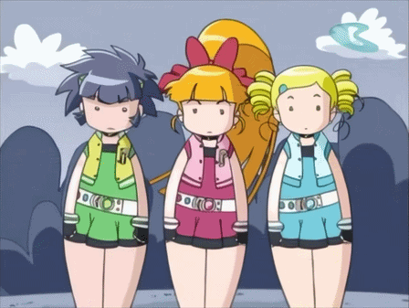 three cartoon girls are standing next to each other and one has the letter f on her shirt