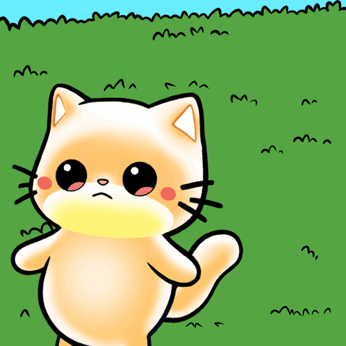 A cute cartoon cat cries with oversized watery eyes in a grassy field.