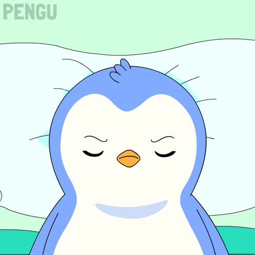 a penguin is laying on a bed with a pillow underneath it and the word pengu on the bottom