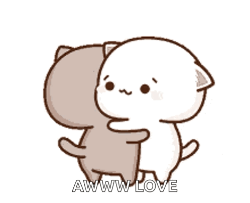 Two small cartoon cats embrace beneath “AWWW LOVE.”