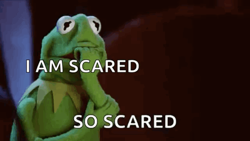 kermit the frog is holding his hand to his chin and says `` i am scared so scared '' .