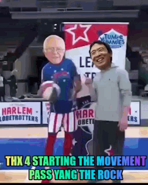 two men are standing on a basketball court with a sign that says thx 4 starting the movement pass yang the rock