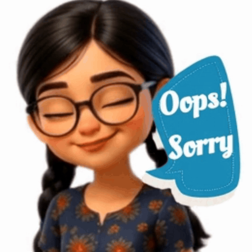 A stylized woman with glasses smiles beside a blue bubble reading “Oops! Sorry.”