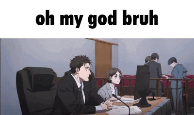 A Jujutsu Kaisen manga panel says “oh my god bruh” over seated characters.