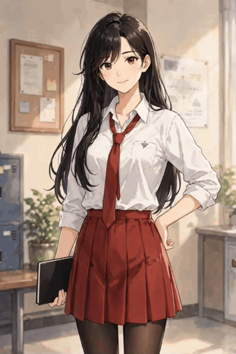 a girl wearing a white shirt and red tie holds a book