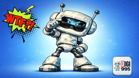 a robot wearing sunglasses and a wtf speech bubble behind him