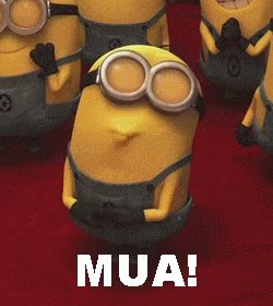 A Minion faces the camera with “MUA!” text.