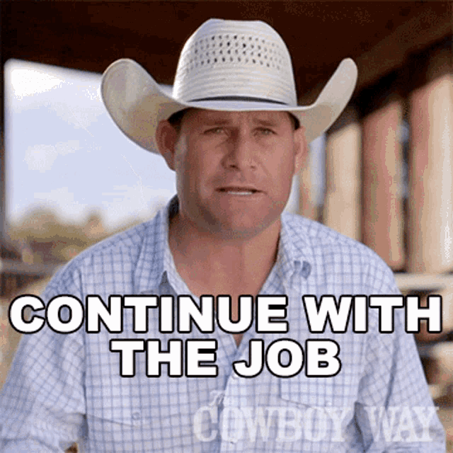 a man wearing a cowboy hat and a plaid shirt says continue with the job