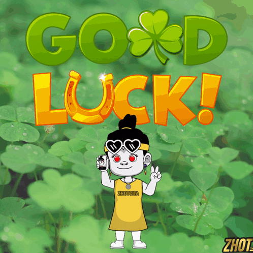 Cartoon mascot holds a clover beneath “GOOD LUCK!”