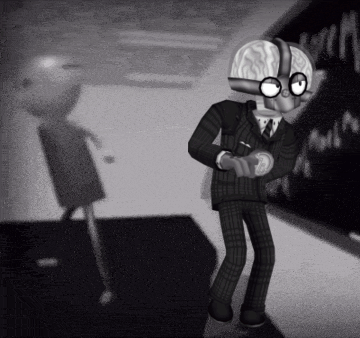 a black and white drawing of a man in a suit and tie with a brain on his head