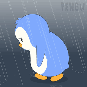 A blue cartoon penguin stands sadly alone in falling rain.