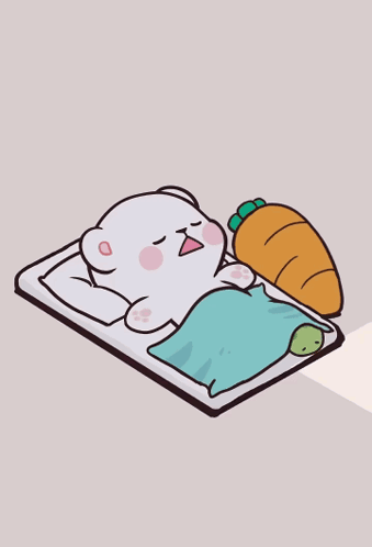 A cute cartoon bear sleeps on a pillow beside a carrot.