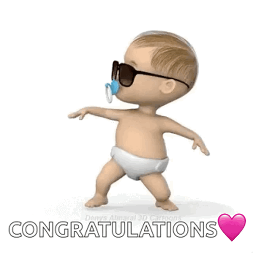A diapered animated baby wearing sunglasses dances beside “CONGRATULATIONS” and a heart.