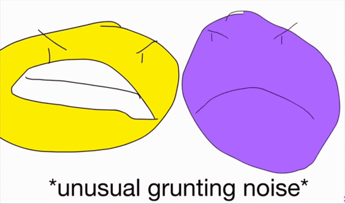 a drawing of a yellow and purple object with the words * unusual eating noise *