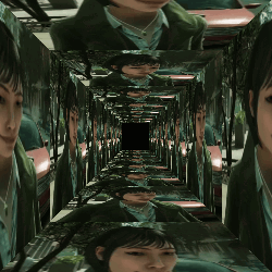 a woman in a green jacket is surrounded by a row of mirrors