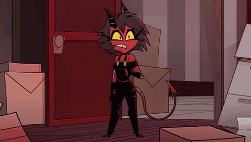 a cartoon character with horns and a tail is standing in a room surrounded by boxes