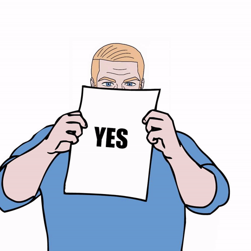 a man with a beard is holding up a piece of paper that says yes