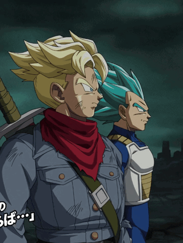 a couple of anime characters standing next to each other with japanese writing