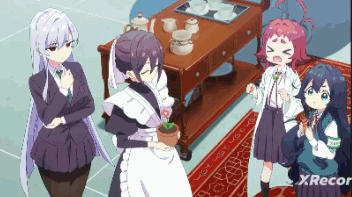 a group of anime girls are standing around a table with xrecord written in the corner