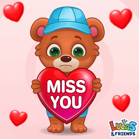 A cute bear in a blue cap holds a “MISS YOU” heart amid red hearts.