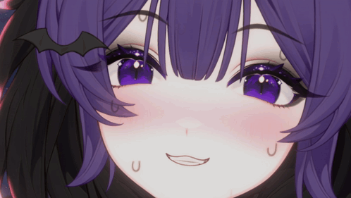 a close up of a purple haired anime girl with a bat on her head
